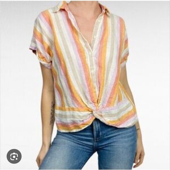 Lou & Gray for Loft Tops - Loft Lou & Grey Size L Blouse 100% Linen Striped Button Up Twist Front Boho Chic